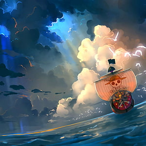 Stylized Pirate Ship Sailing Through Dramatic Stormy Skies and Ocean Waves HD phone wallpaper
