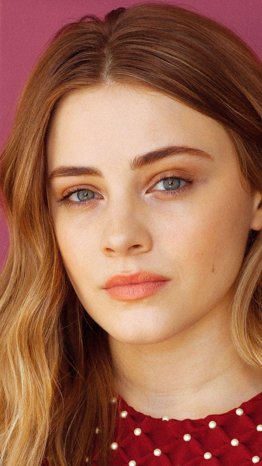 Josephine Langford Close-Up Portrait with Red Hair and Pearl-Trimmed Top HD phone wallpaper