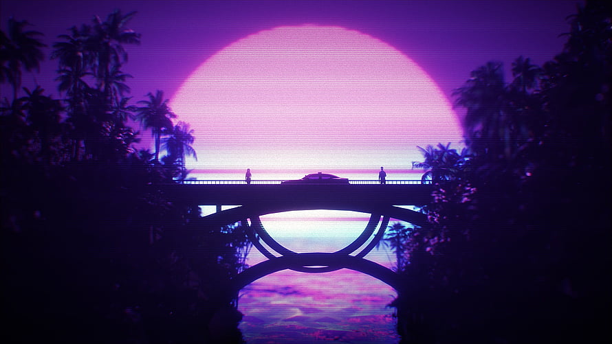 Neon Purple Sunset Over Tropical Bridge with Silhouetted Car and Palm Trees in Retro Style HD wallpaper