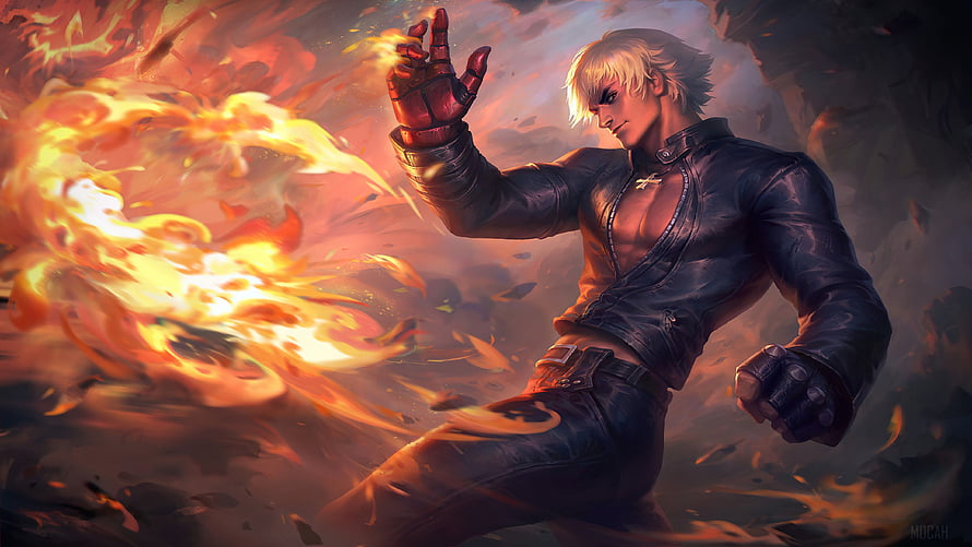 Gusion from Mobile Legends Bang Bang channeling intense fire magic in a dynamic action pose HD wallpaper