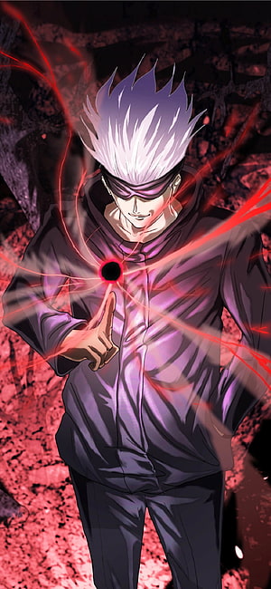 Satoru Gojo from Jujutsu Kaisen channeling dark energy with glowing red aura and blindfold HD phone wallpaper