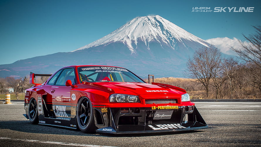 Red Liberty Walk R34 Skyline Super Silhouette Widebody with Mount Fuji Backdrop HD wallpaper