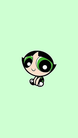 Cute Chibi Buttercup from The Powerpuff Girls Sitting on Mint Green Background HD phone wallpaper