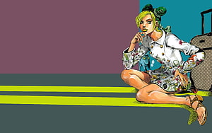 Jolyne Cujoh from JoJo's Bizarre Adventure in a floral dress sitting on a road HD wallpaper