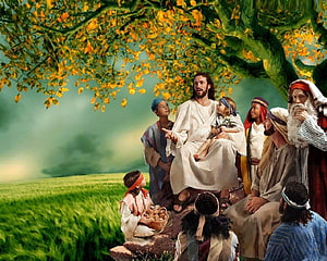 Jesus Teaching Children Under a Golden Tree in a Serene Green Field HD wallpaper