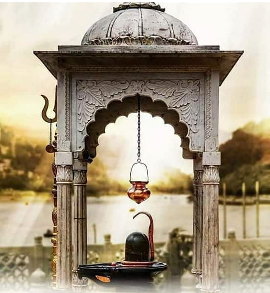 Shivling Shrine with Hanging Oil Lamp and Trishul in Serene Temple Setting HD phone wallpaper