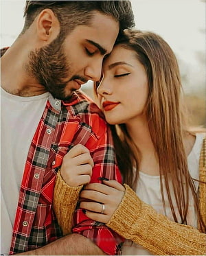 Romantic Couple Embrace in Red Plaid Shirt and Mustard Cardigan HD phone wallpaper