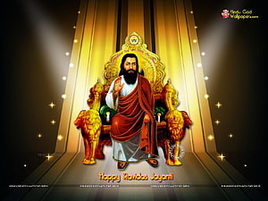 Guru Ravidass Seated on Golden Throne with Radiant Light and Blessing Gesture HD wallpaper