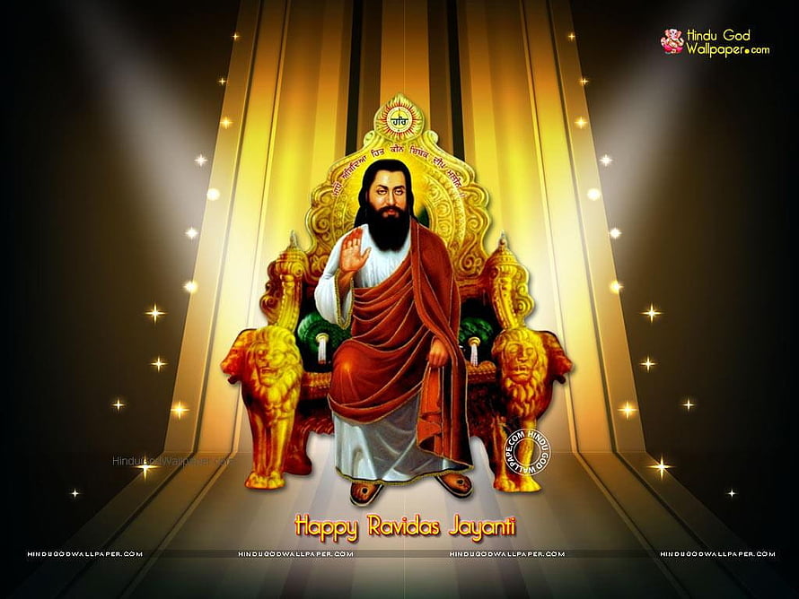 Guru Ravidass Seated on Golden Throne with Radiant Light and Blessing Gesture HD wallpaper