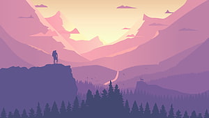 Minimalist Hiker Silhouette on Mountain Peak at Sunset with Pine Forest HD wallpaper