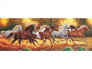 Seven Horses Galloping Through a Golden Autumn Landscape in Realistic Oil Painting Style HD wallpaper