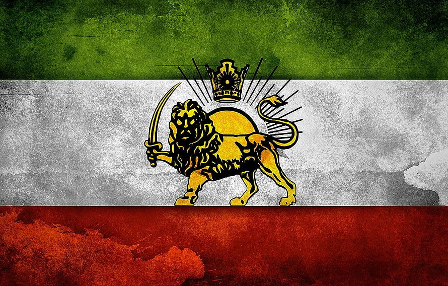 Grunge Lion and Sun Flag of Iran with Crown and Sword on Textured Background HD wallpaper
