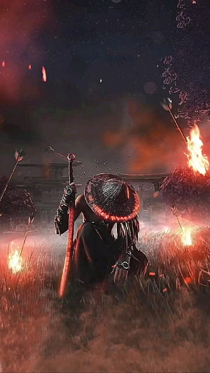 Samurai warrior kneeling in a burning battlefield with a katana under a dark night sky HD phone wallpaper