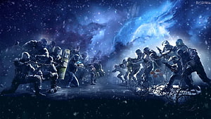 Rainbow Six Siege Tactical Squad Artwork with Snowfall and Nebula Background HD wallpaper