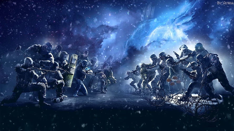 Rainbow Six Siege Tactical Squad Artwork with Snowfall and Nebula Background HD wallpaper
