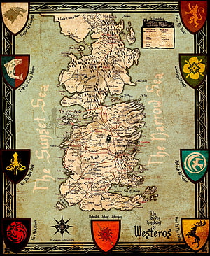 Detailed Fantasy Map of Westeros from Game of Thrones with House Sigils and Regional Borders HD phone wallpaper