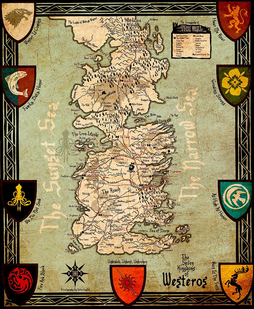 Detailed Fantasy Map of Westeros from Game of Thrones with House Sigils and Regional Borders HD phone wallpaper