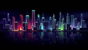 Neon Futuristic Cityscape with Colorful Skyscrapers and Water Reflections HD wallpaper
