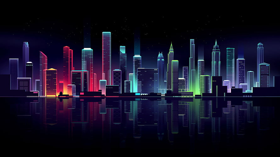 Neon Futuristic Cityscape with Colorful Skyscrapers and Water Reflections HD wallpaper