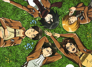 Attack on Titan Survey Corps Squad Lying in Grass with Wildflowers HD wallpaper