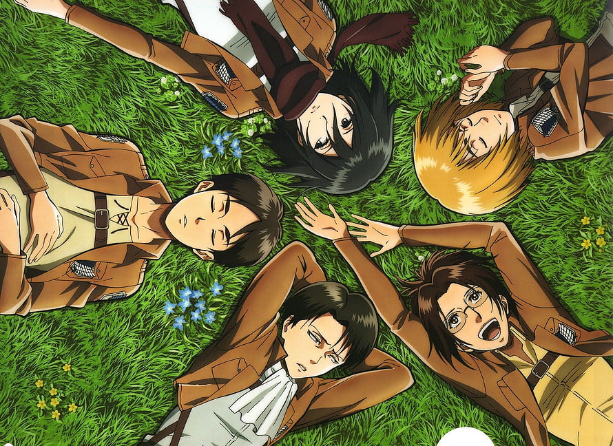 Attack on Titan Survey Corps Squad Lying in Grass with Wildflowers HD wallpaper
