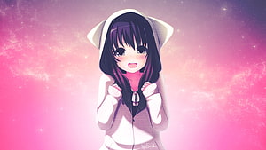 Kawaii Anime Girl in White Hoodie Against Pink Nebula Sky HD wallpaper