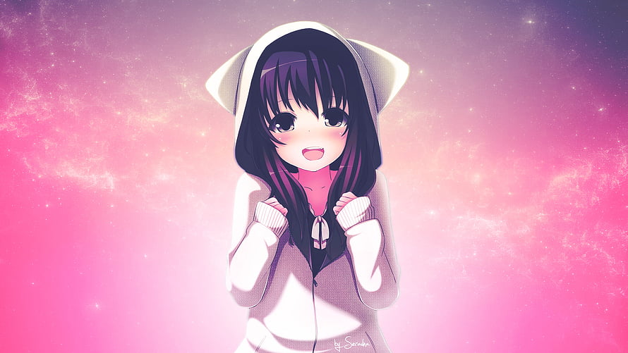 Kawaii Anime Girl in White Hoodie Against Pink Nebula Sky HD wallpaper