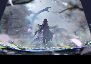 Raiden Shogun Standing in Misty Water with Cherry Blossoms and Glitch Art Effects HD wallpaper