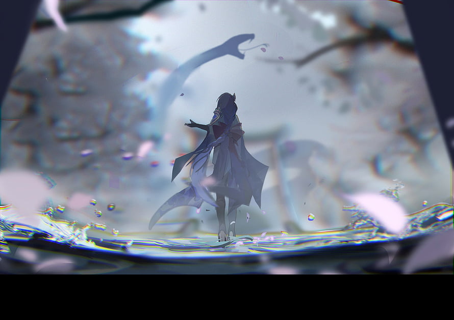 Raiden Shogun Standing in Misty Water with Cherry Blossoms and Glitch Art Effects HD wallpaper