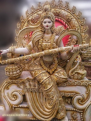 Intricate Golden Saraswati Murti Statue Playing Veena with Ornate Halo HD phone wallpaper