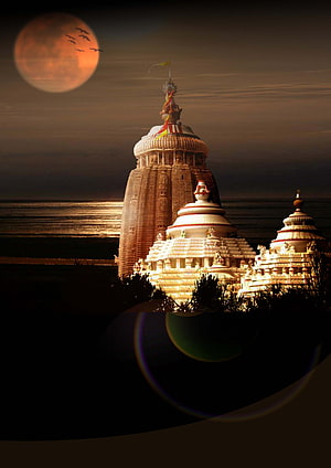 Jagannath Temple Puri at Dusk with Full Moon and Birds in Flight HD phone wallpaper