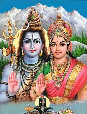 Lord Shiva and Goddess Parvati in Himalayan Landscape with Trishul and Shiva Lingam HD phone wallpaper