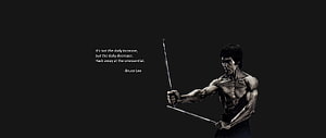 Bruce Lee Monochrome Illustration with Nunchaku and Motivational Quote HD wallpaper