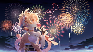 Yoimiya from Genshin Impact Enjoying Fireworks and Candy Under a Night Sky HD wallpaper