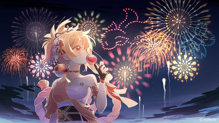 Yoimiya from Genshin Impact Enjoying Fireworks and Candy Under a Night Sky HD wallpaper