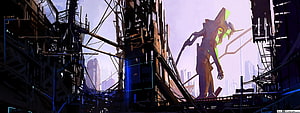 Evangelion Unit-01 Standing in a Dystopian Cyberpunk Cityscape with Neon Accents HD wallpaper