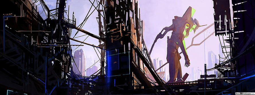 Evangelion Unit-01 Standing in a Dystopian Cyberpunk Cityscape with Neon Accents HD wallpaper