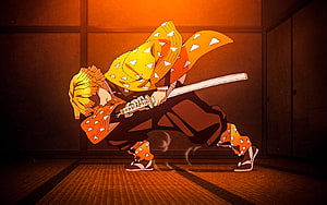 Zenitsu Agatsuma in Thunder Breathing Stance from Demon Slayer Anime HD wallpaper