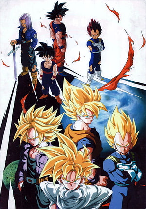 Dragon Ball Z Super Saiyan Group Art Featuring Goku, Vegeta, and Future Trunks HD phone wallpaper