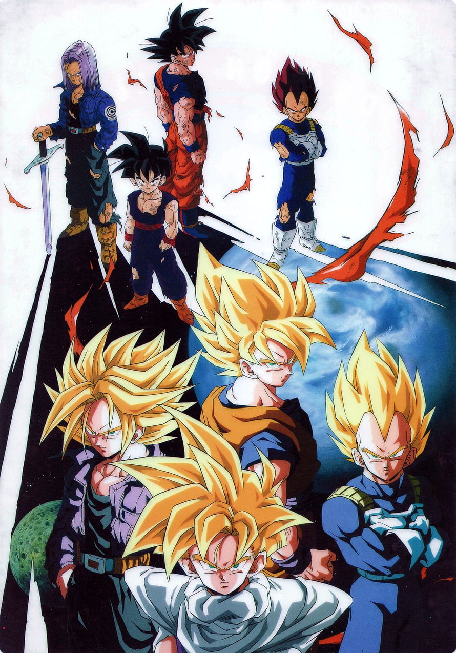 Dragon Ball Z Super Saiyan Group Art Featuring Goku, Vegeta, and Future Trunks HD phone wallpaper