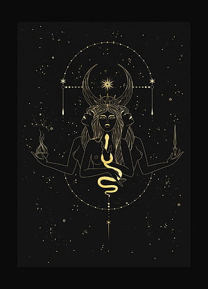 Hecate Three-Faced Goddess Line Art with Serpent and Celestial Moon on Black Background HD phone wallpaper