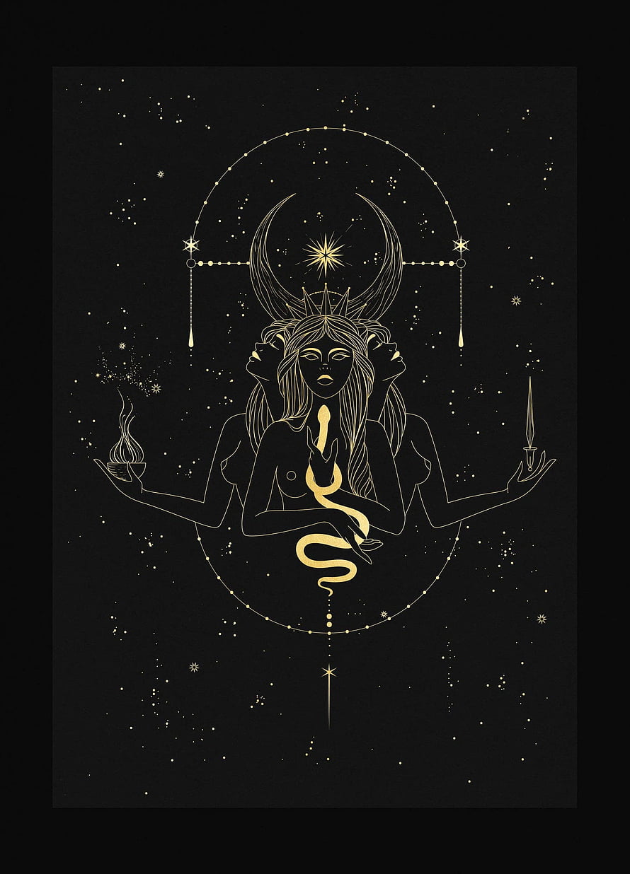 Hecate Three-Faced Goddess Line Art with Serpent and Celestial Moon on Black Background HD phone wallpaper