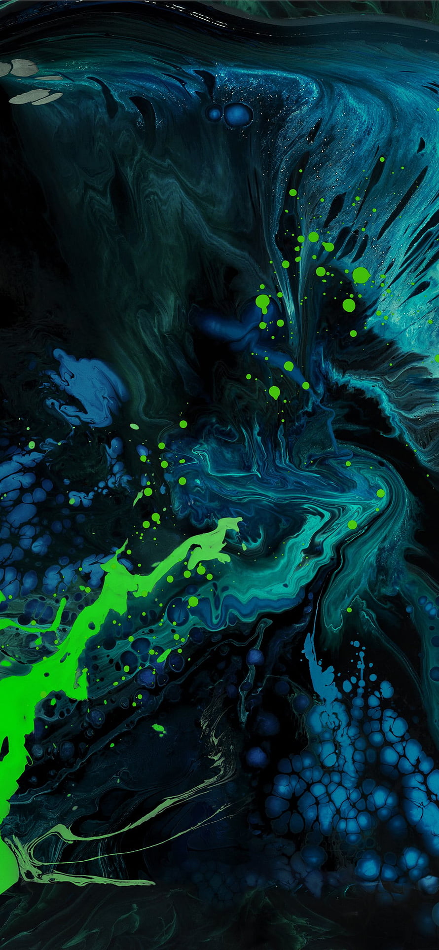 Dark Abstract Fluid Art with Neon Green and Deep Blue Swirls HD phone wallpaper