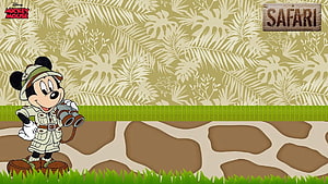 Mickey Mouse in Safari Outfit with Binoculars and Jungle Leaf Background HD wallpaper