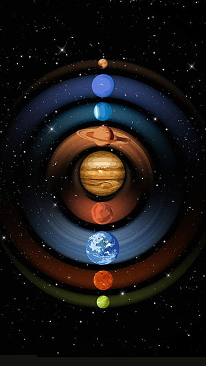 Stylized Solar System Planets Arranged in a Vertical Spiral Against a Starry Space Background HD phone wallpaper