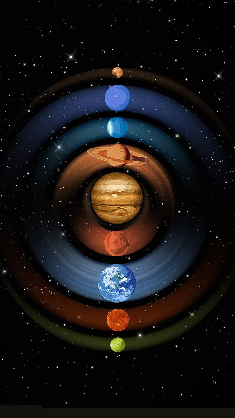 Stylized Solar System Planets Arranged in a Vertical Spiral Against a Starry Space Background HD phone wallpaper