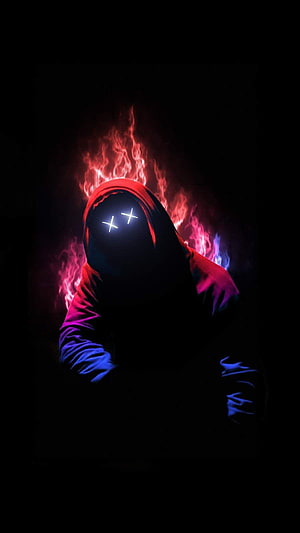 Glowing Cross-Eyed Hooded Figure Surrounded by Neon Flames in Dark Digital Art HD phone wallpaper