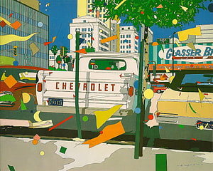 Eizin Suzuki Urban Street Scene with Chevrolet Van and Confetti HD wallpaper