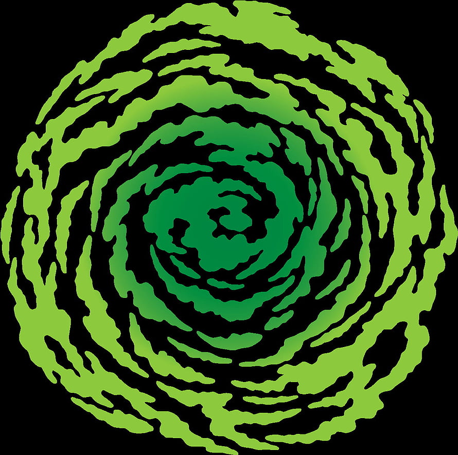 Rick and Morty Green Portal Vortex with Swirling Energy Rings on Black Background HD wallpaper