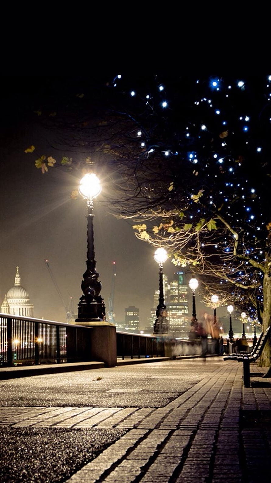 London Embankment at Night with St Paul's Cathedral and Festive Tree Lights HD phone wallpaper